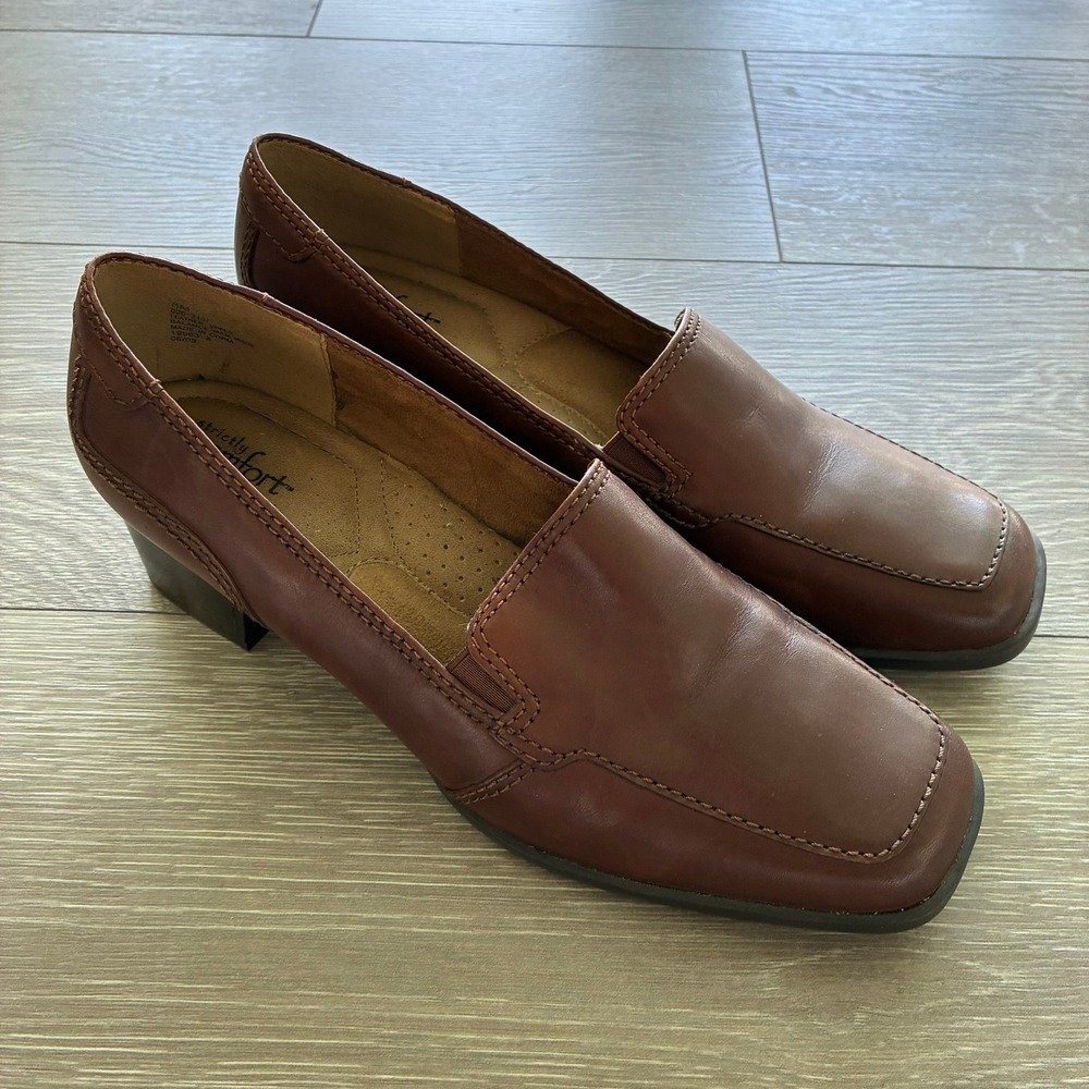 Strictly Comfort Brown Leather Square Toe Memory Foam Block Heel Loafers 8M